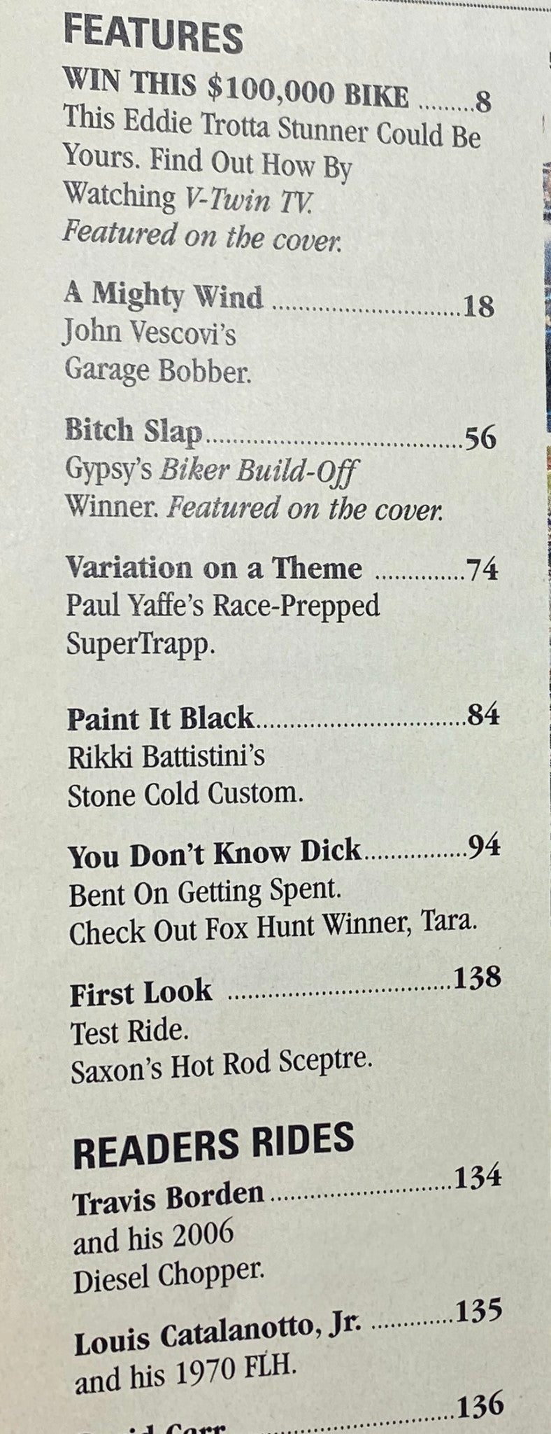 Interior page of Easyriders Magazine March 2007 #405 outlining features including Test Ride of the Saxon Sceptre, Eddie Trotta's stunning bike, and the Biker Build-Off.