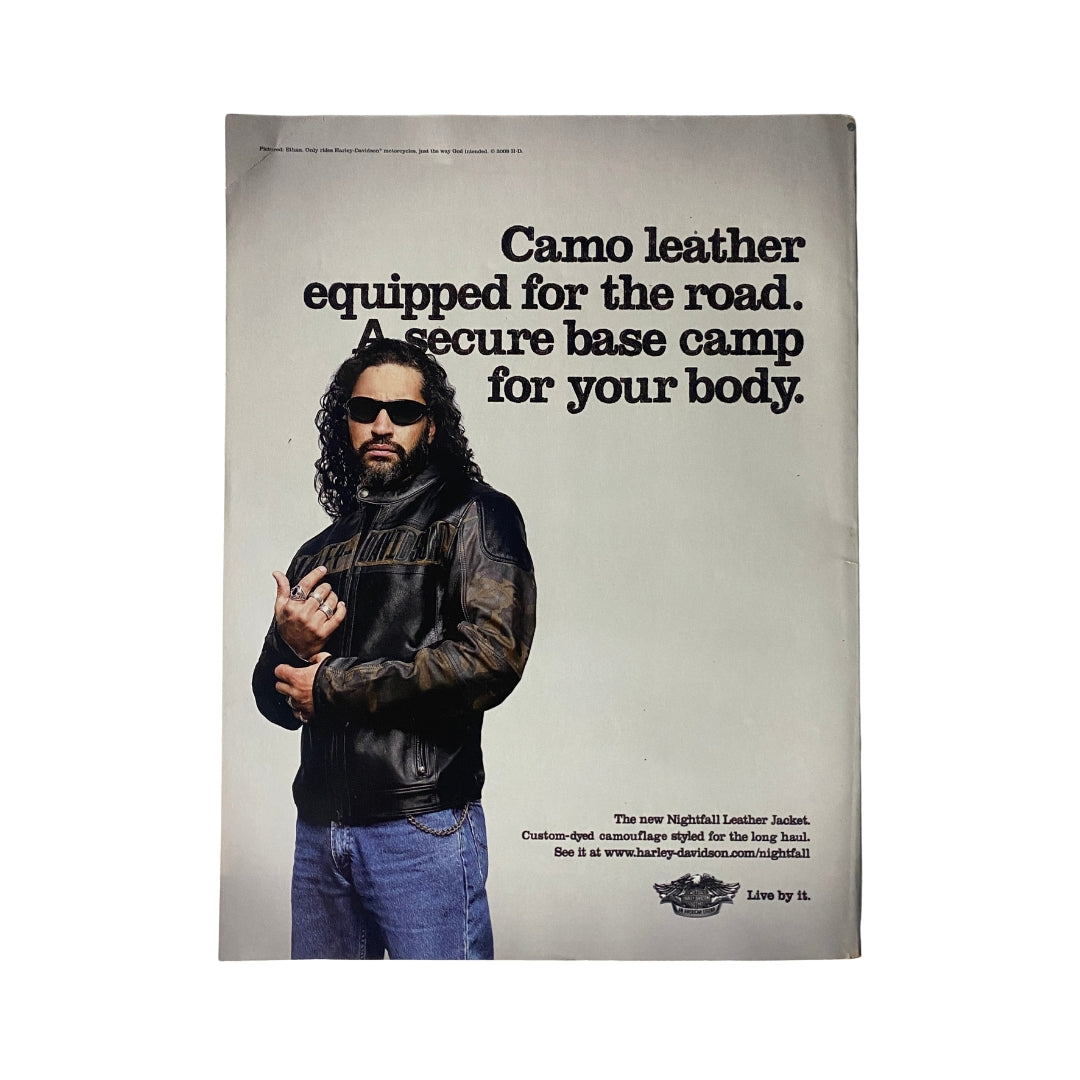 Easyriders Magazine April 2008 #418 showcasing an advertisement for a camo leather jacket, embodying the biker lifestyle.