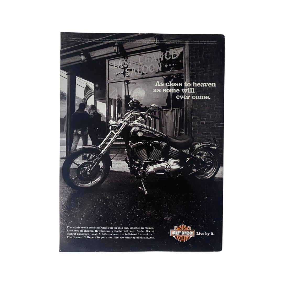 Back cover of Easyriders Magazine March 2008 Issue #417 showcasing a Harley-Davidson motorcycle with a tagline about the biking lifestyle.
