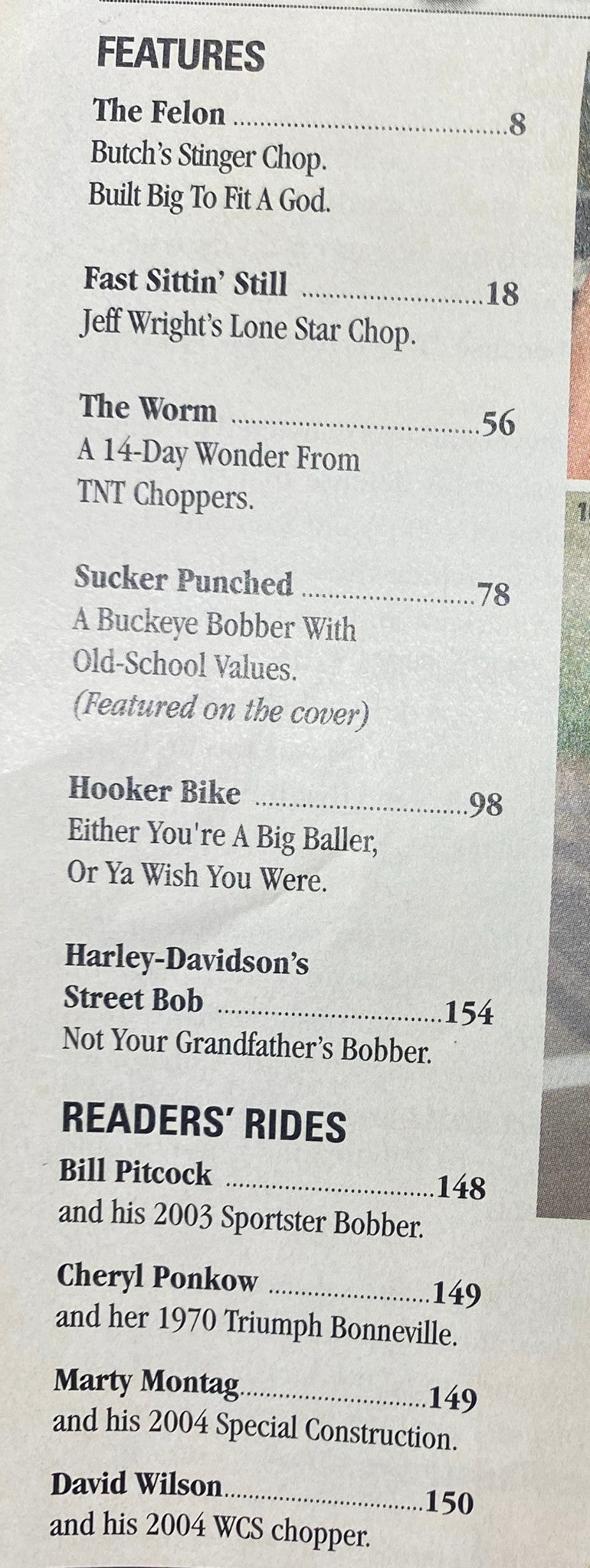 Contents page of Easyriders Magazine April 2006 #394, listing features like Butch's Stinger Chop and Jeff Wright's Lone Star Chop.