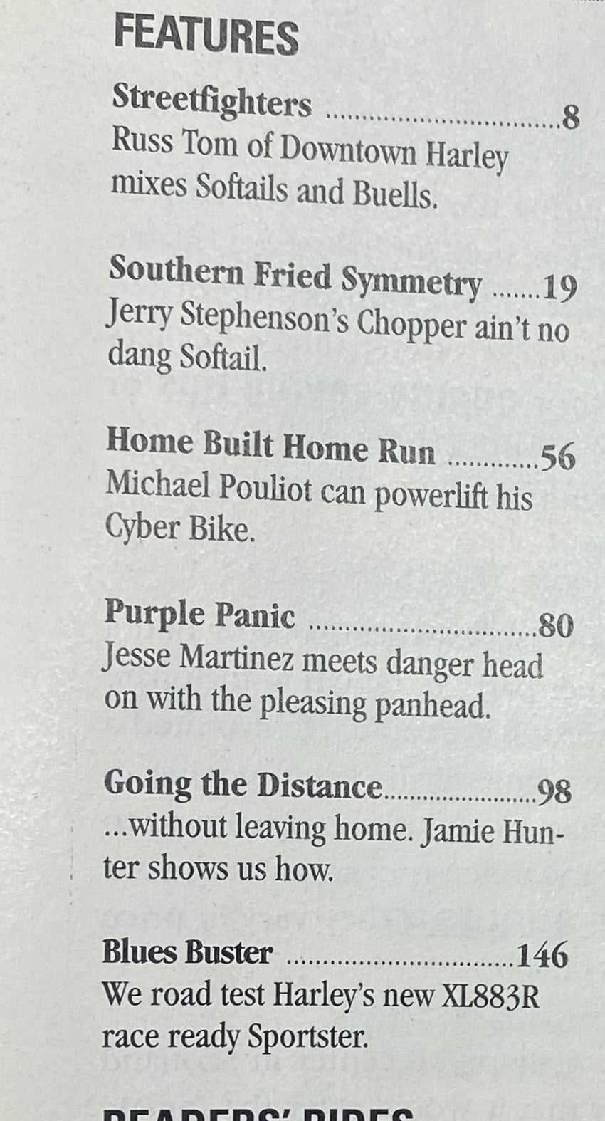 Features from Easyriders Magazine May 2002 #347 showing articles like Streetfighters with Russ Tom of Downtown Harley, Home Built Home Run with Michael Pouliot, and Purple Panic with Jesse Martinez.