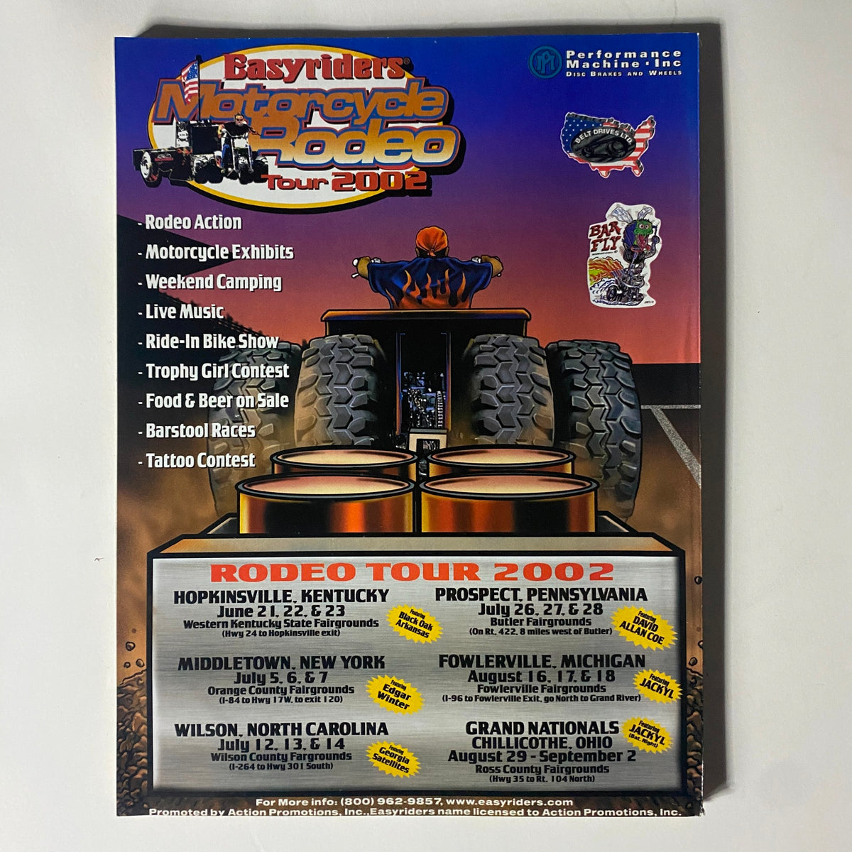 Promotional flyer for Easyriders Motorcycle Rodeo Tour 2002, featuring event details and locations. Related to motorcycle culture and community events.