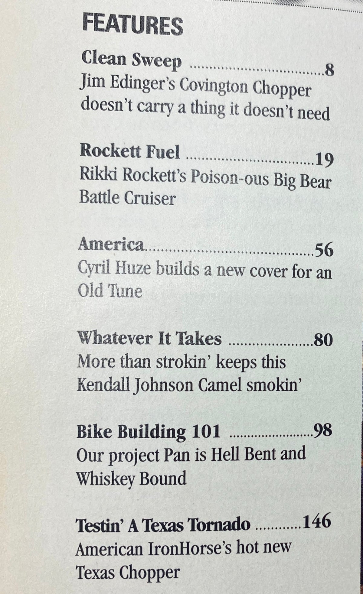 Features page from Easyriders Magazine December 2002 #354, highlighting articles like 'Clean Sweep,' 'Rockett Fuel,' 'America,' 'Whatever It Takes,' 'Bike Building 101,' and 'Testin’ A Texas Tornado,' showcasing a focus on motorcycle culture and accessories.