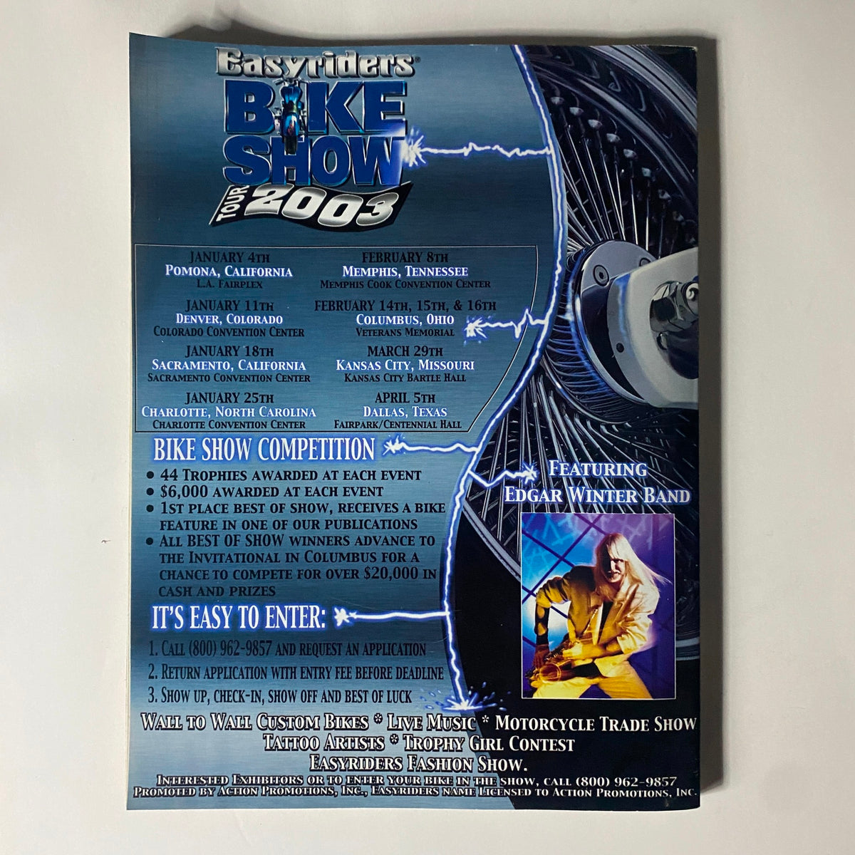 Promotional flyer for the Easyriders Bike Show 2003, detailing event dates, locations, and features, including the Edgar Winter Band, emphasizing the motorcycle community's vibrant culture.