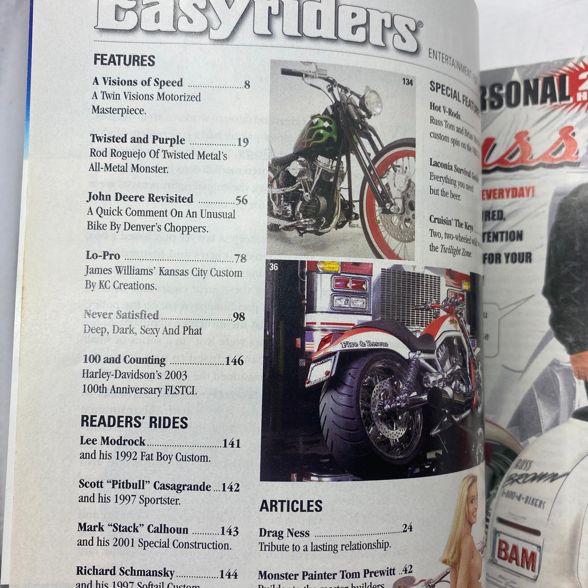 Inside page of Easyriders Magazine April 2003 #358 displaying features on motorcycle customization and a section on readers’ rides.