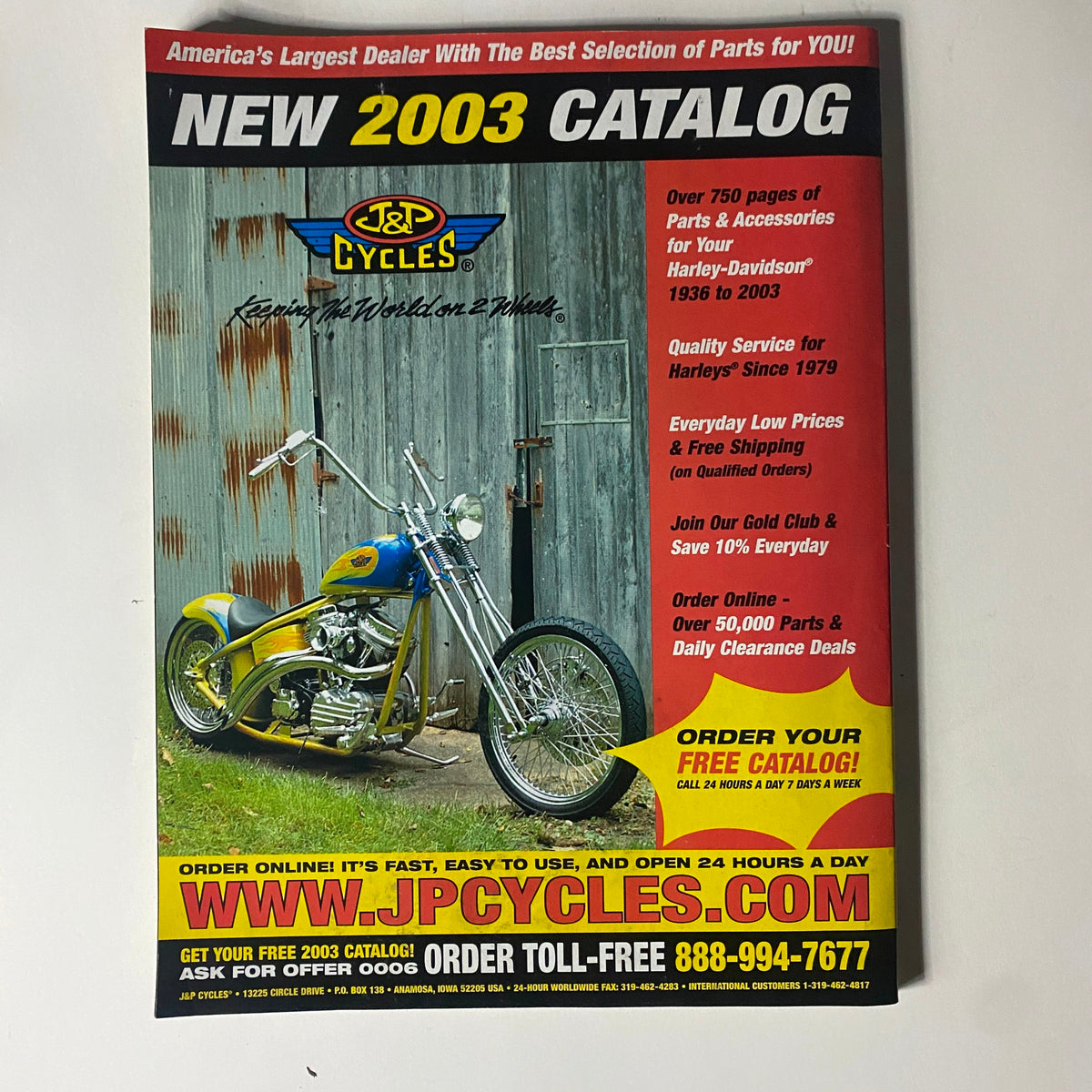 Back cover of Easyriders Magazine April 2003 #358 featuring J&P Cycles advertisement, promoting motorcycle parts and accessories for Harley-Davidson.