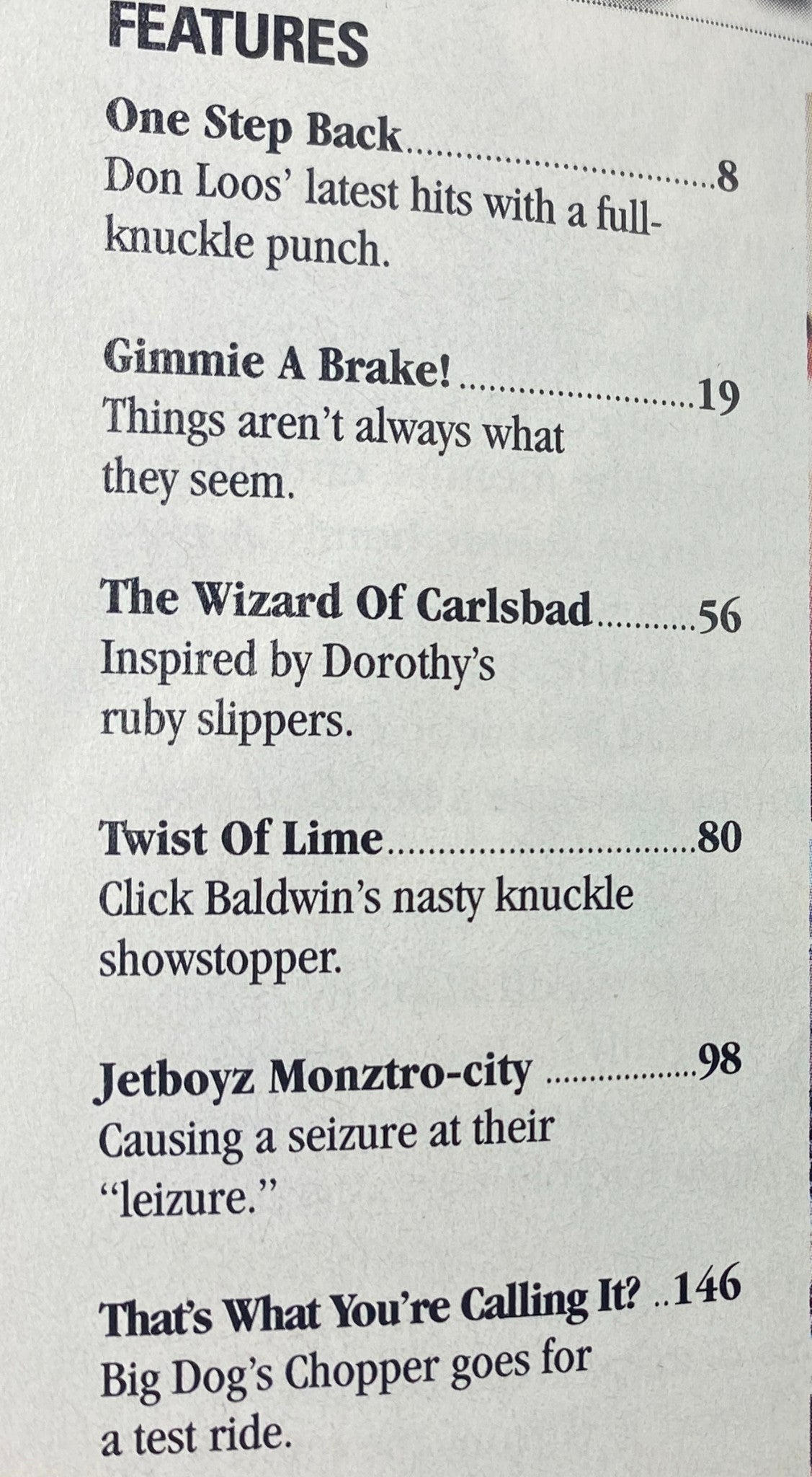 Table of contents image from Easyriders Magazine February 2003 #356, listing features such as 'One Step Back,' 'Gimmie A Brake!' and 'Twist Of Lime,' illustrating the magazine's focus on motorcycle culture.