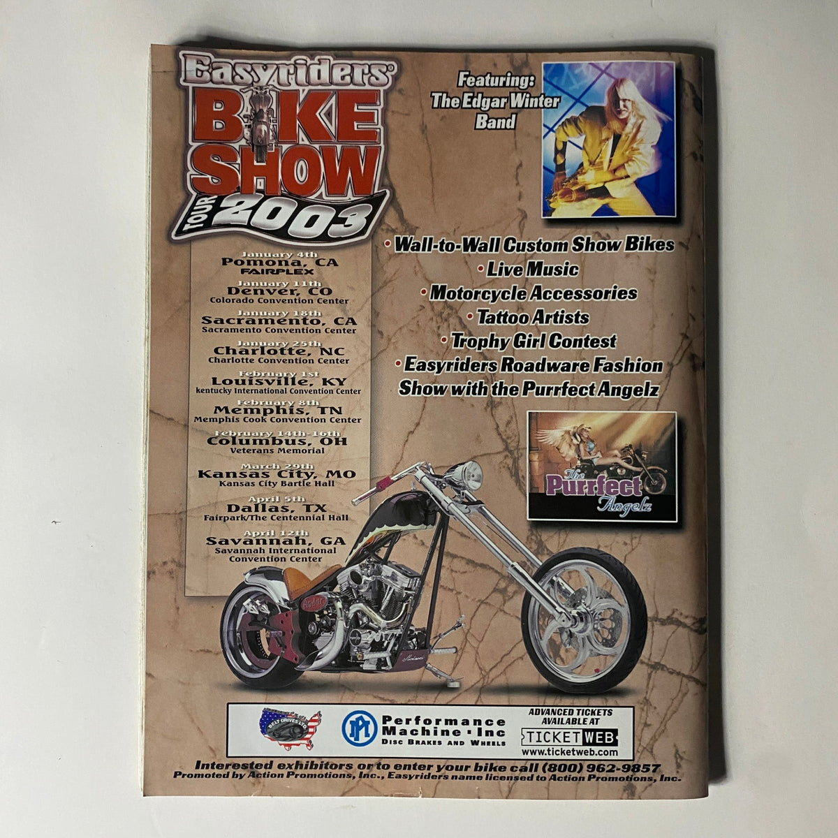 Back cover of Easyriders Magazine February 2003 #356, promoting the Easyriders Bike Show 2003 with details about custom show bikes, live music, and motorcycle accessories.