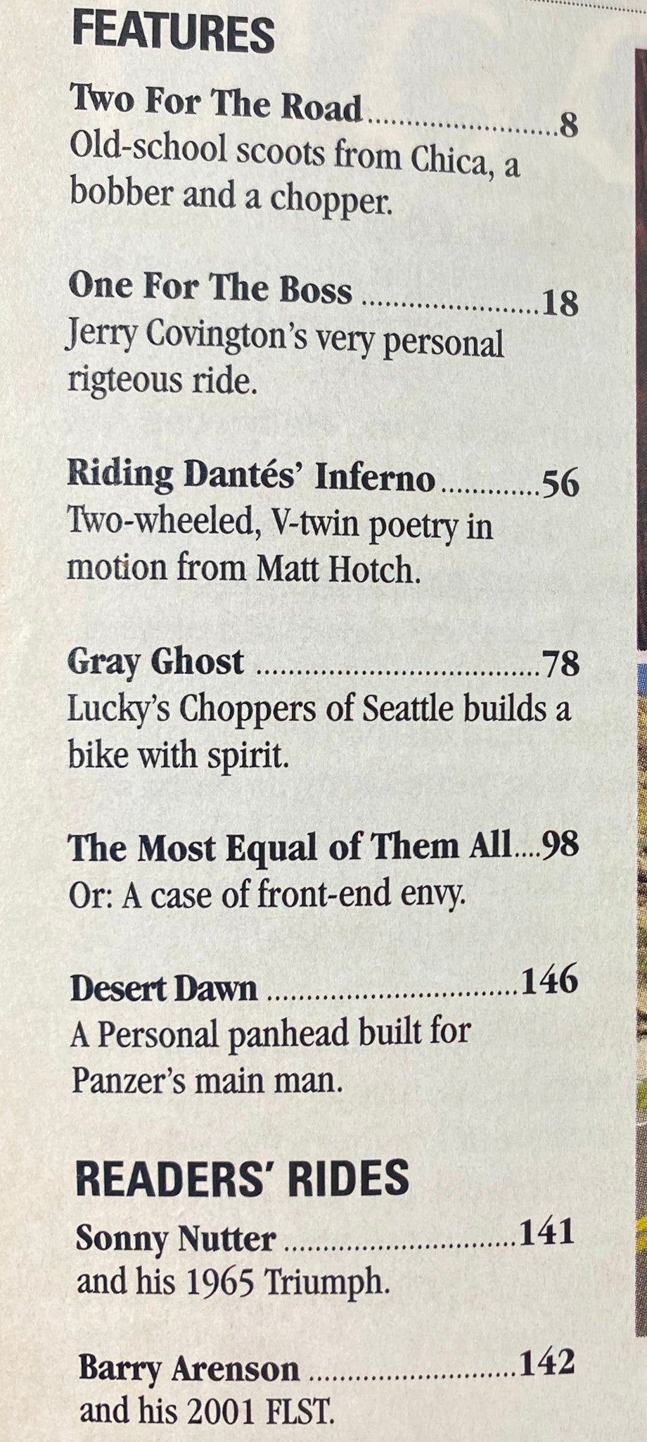 Features page from Easyriders Magazine July 2003 Issue #361, highlighting articles including 'Two For The Road' and 'Riding Dante's Inferno'.