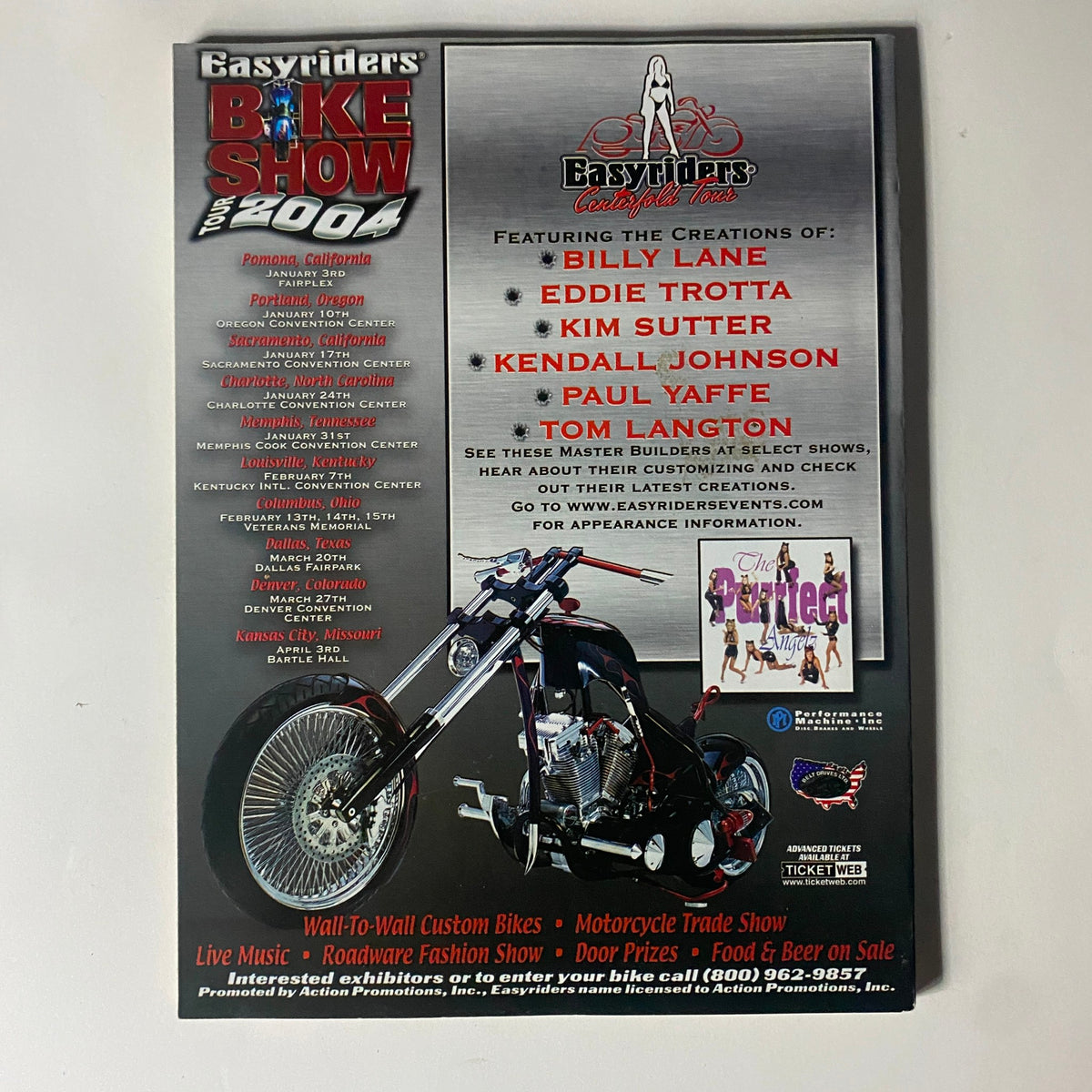 Back cover of Easyriders Magazine December 2003 Issue #366 promoting the 2004 Easyriders Bike Show and showcasing custom motorcycle builders.