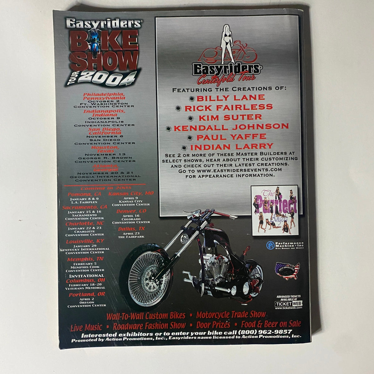 Easyriders Magazine November 2004 promotional page for the Easyriders Bike Show Tour 2004, featuring information on custom builders and events related to motorcycle enthusiasts.