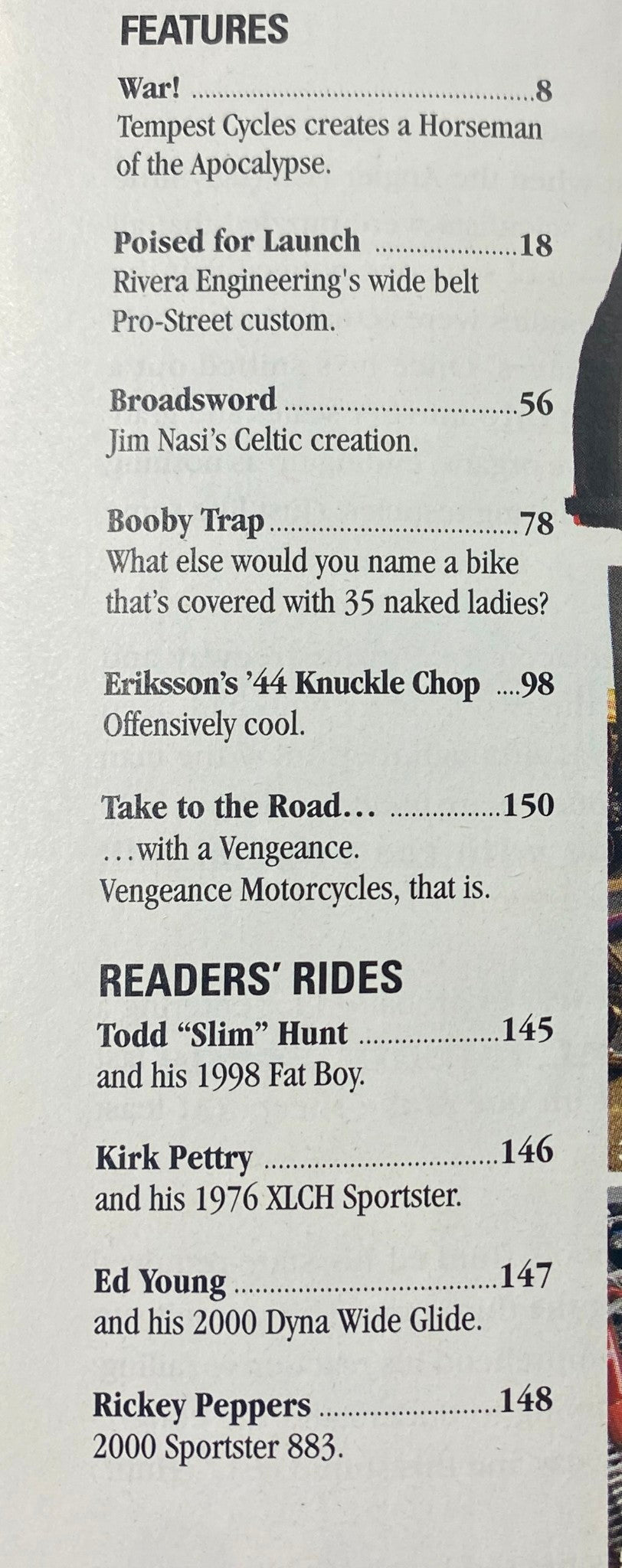 Contents page of Easyriders Magazine February 2004, Issue #368, highlighting articles including Tempest Cycles' Horseman of the Apocalypse and Jim Nasi's Celtic Creation.