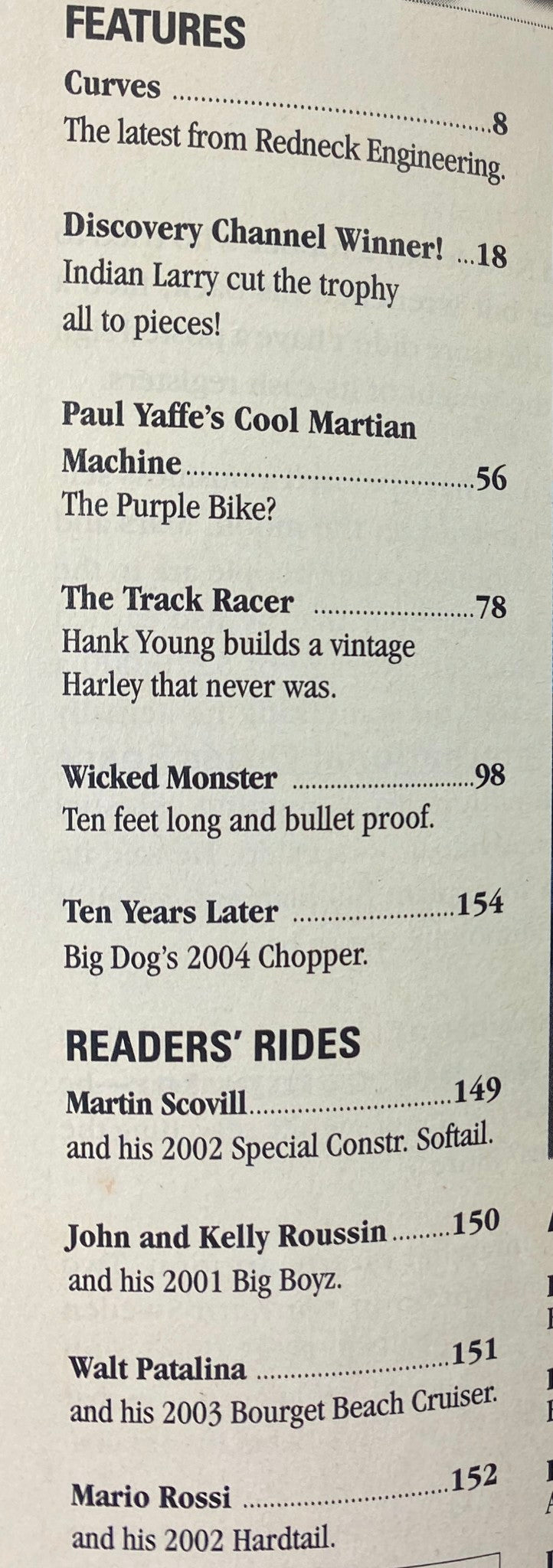 Features page from Easyriders Magazine June 2004 #372, listing notable motorcycle builds and highlights including Curves from Redneck Engineering.