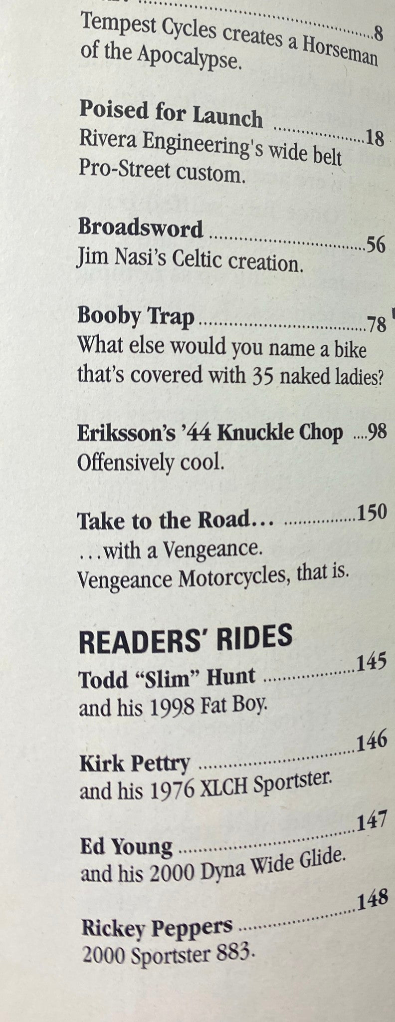 Interior page from Easyriders Magazine February 2004 #368 listing articles including Jim Nasi's Celtic creation, showcasing motorcycle features and reader submissions.