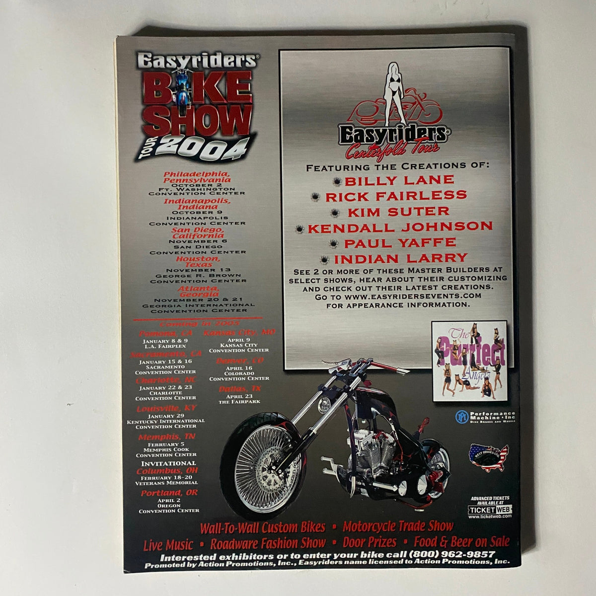 Back cover of Easyriders Magazine October 2004 #376 showcasing events and builders from the Easyriders Bike Show.