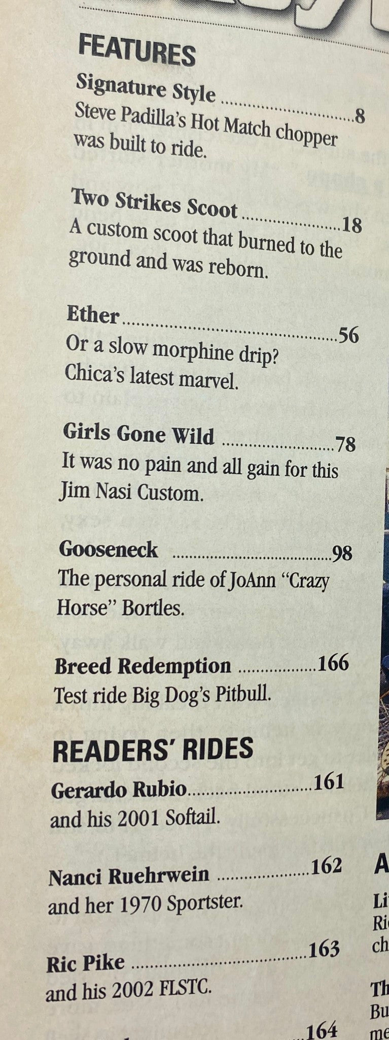 Table of contents from Easyriders Magazine September 2004, Issue #375, listing features and readers' rides including Steve Padilla's Hot Match chopper.