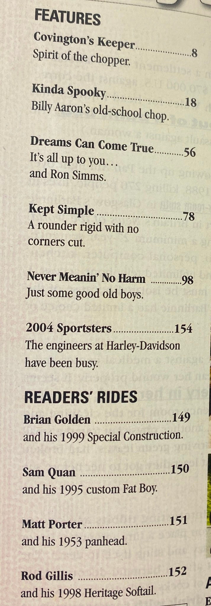 Features from Easyriders Magazine May 2004 issue #371, including articles on Covington’s Keeper, 2004 Sportsters, and motorcycle culture highlights.