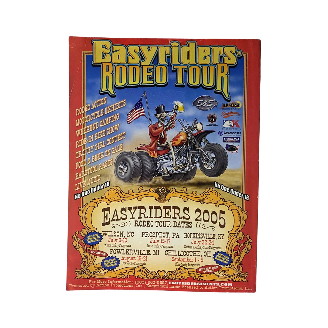 Back cover of Easyriders Magazine August 2005, Issue #386 promoting the Easyriders Rodeo Tour 2005 dates, featuring a custom motorcycle illustration.