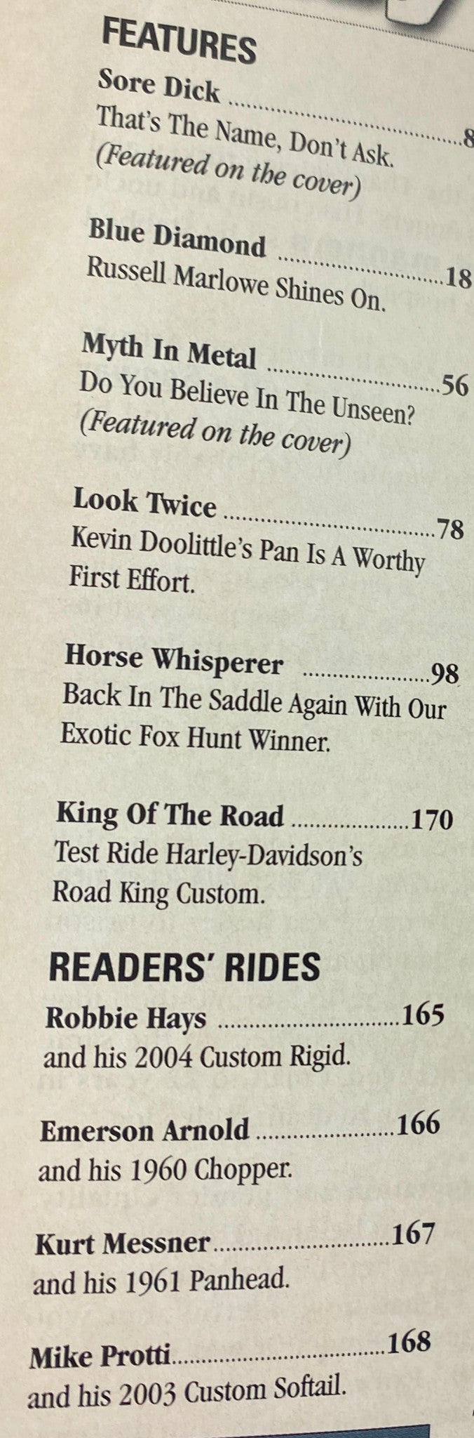 Table of contents from Easyriders Magazine May 2005 #383, showcasing featured articles like Sore Dick and Myth In Metal.