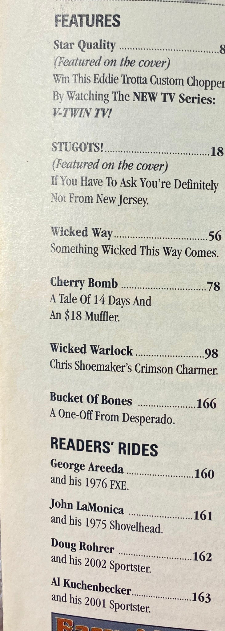 Table of contents from Easyriders Magazine November 2005 #389, listing features including Cherry Bomb and Bucket of Bones, showcasing motorcycle custom building.