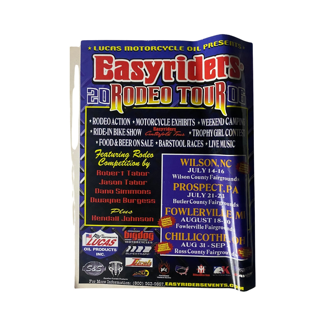 Back cover of Easyriders Magazine August 2006, Issue #398 promoting the Easyriders Rodeo Tour 2006, highlighting events and features around motorcycle exhibitions and community.