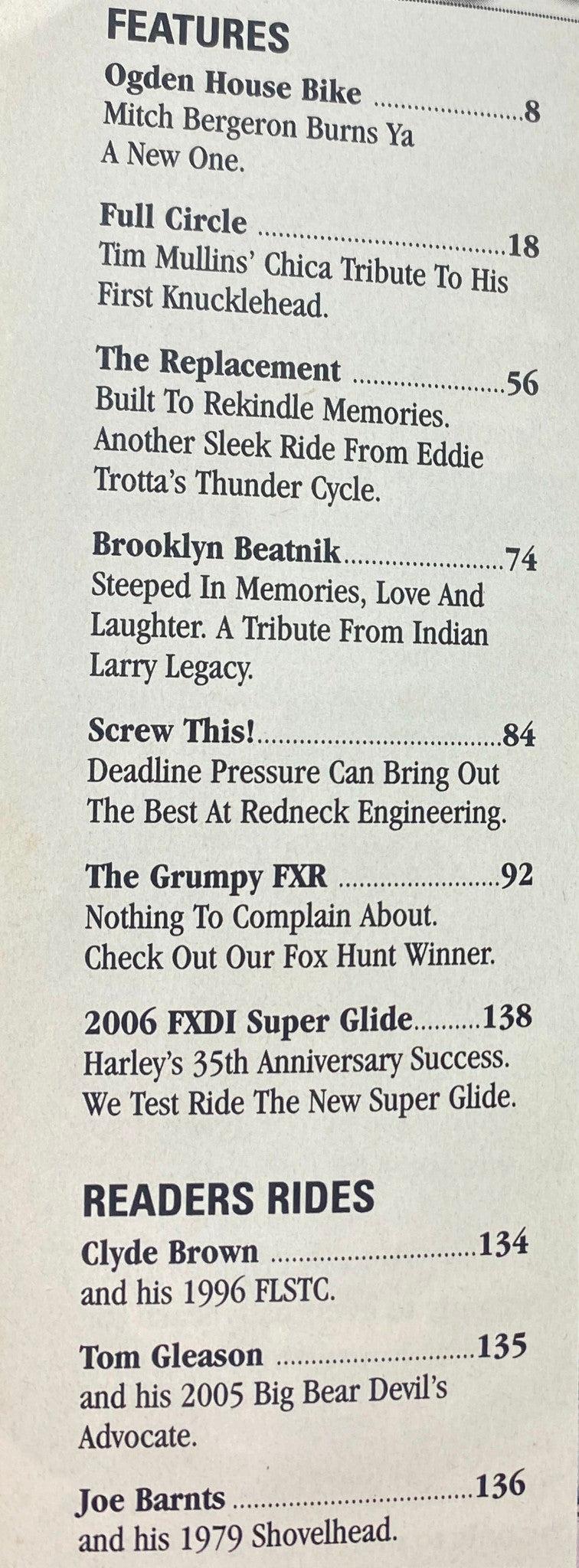 Inside features page of Easyriders Magazine October 2006, Issue #400 showcasing articles including Ogden House Bike and Brooklyn Beatnik, illustrating motorcycle culture.