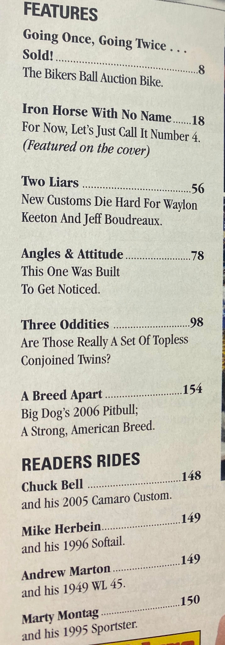 Contents page of Easyriders Magazine May 2006 issue #395 featuring articles like 'Going Once, Going Twice... Sold!' and 'Iron Horse With No Name'. Highlights custom bikes and motorcycle culture.