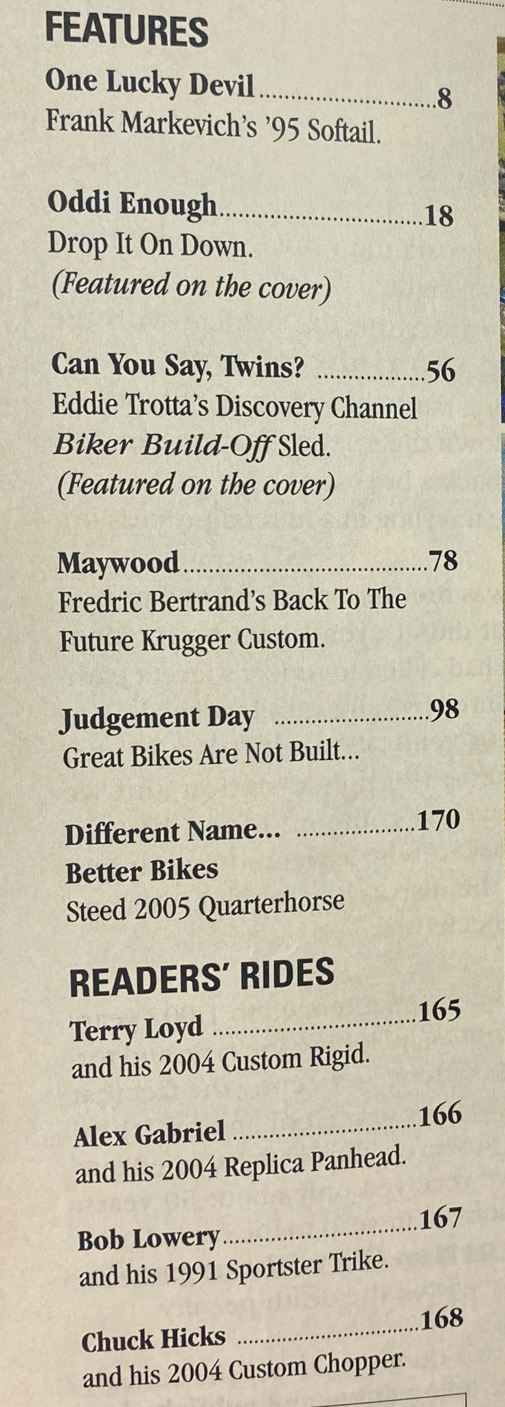 Table of contents from Easyriders Magazine June 2005 #384, listing features including 'One Lucky Devil' and 'Can You Say, Twins?'