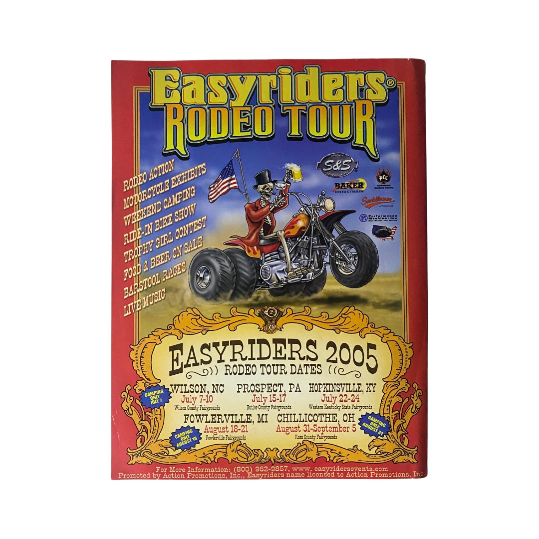 Cover of Easyriders Magazine Rodeo Tour 2005 showing a biker on a motorcycle with event details, highlighting the motorcycle culture.