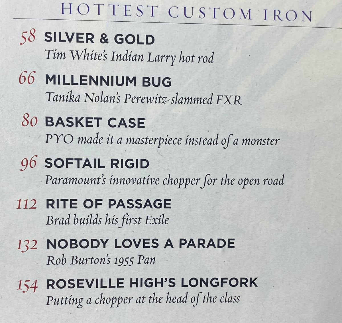 Inside page of American Iron Magazine April 2005 highlighting featured articles including Indian Larry's hot rod and a custom chopper design.