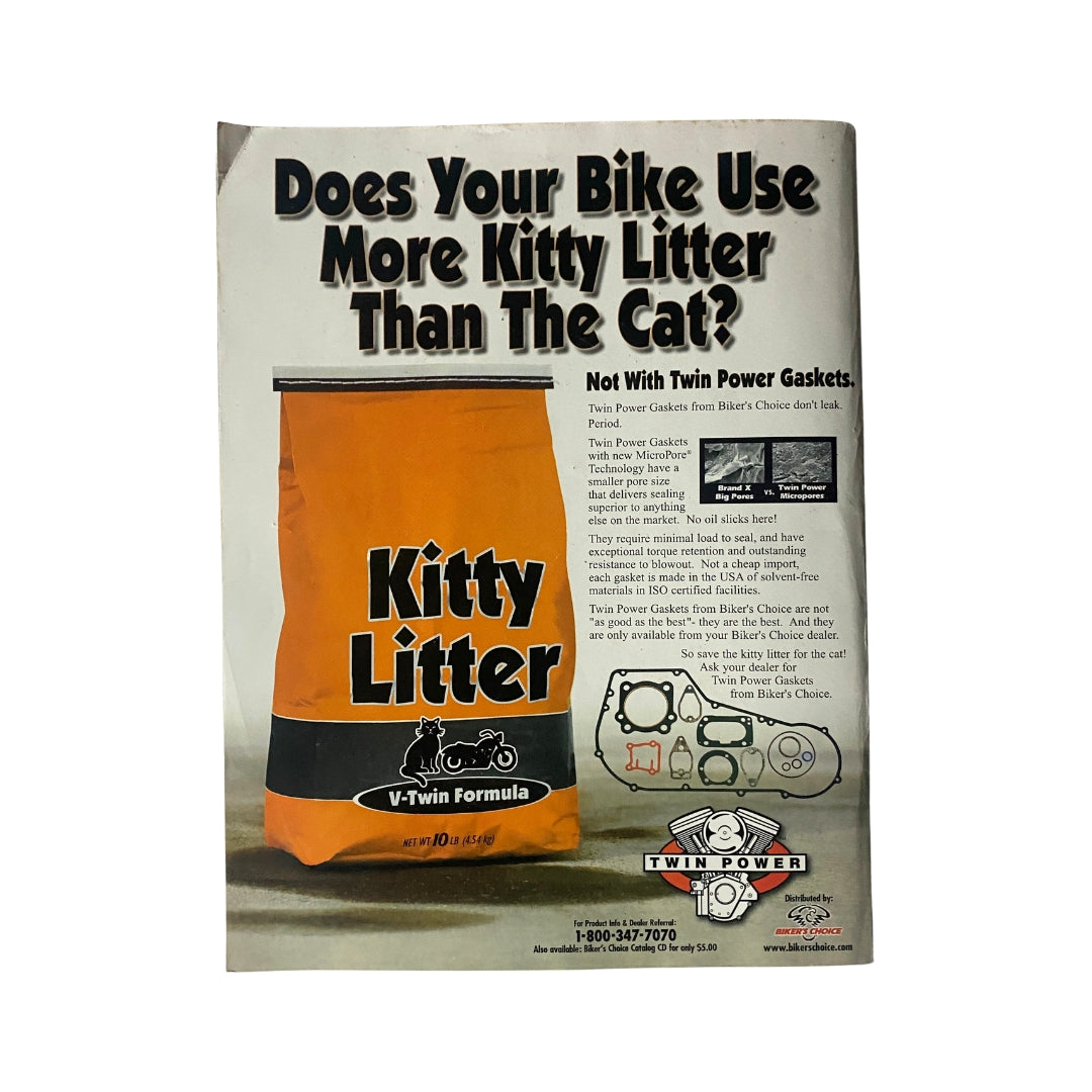 Advertisement from American Iron Magazine April 2005 for Twin Power gaskets, featuring a humorous comparison with kitty litter, related to motorcycle maintenance.