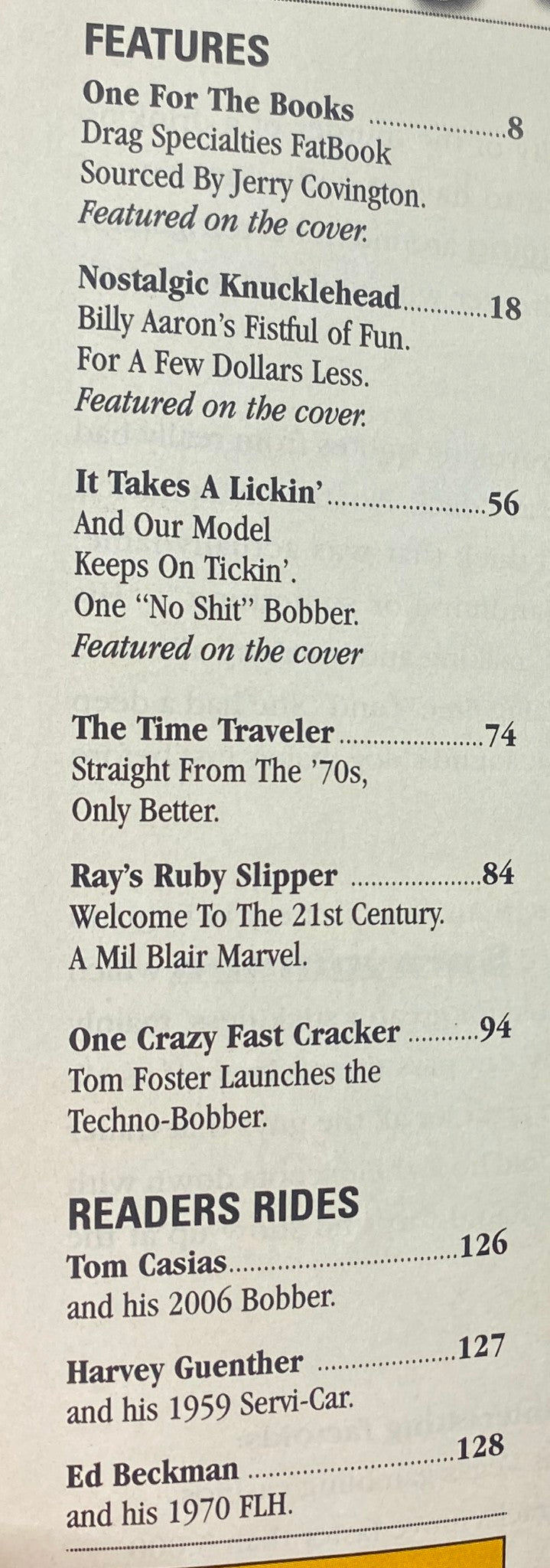 Contents page of Easyriders Magazine October 2007 #412 showcasing features such as 'One For The Books' and 'Nostalgic Knucklehead'.
