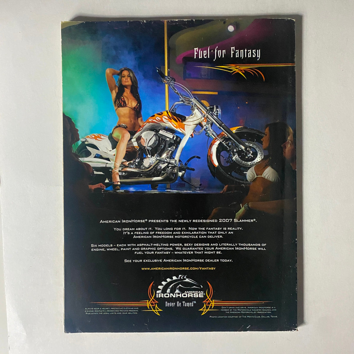 Back cover of Easyriders Magazine October 2007 #412 featuring an advertisement for American IronHorse motorcycles, showcasing a customized chopper and a model, with the tagline 'Fuel for Fantasy'. This image highlights the motorcycle culture and custom bike designs relevant to enthusiasts.
