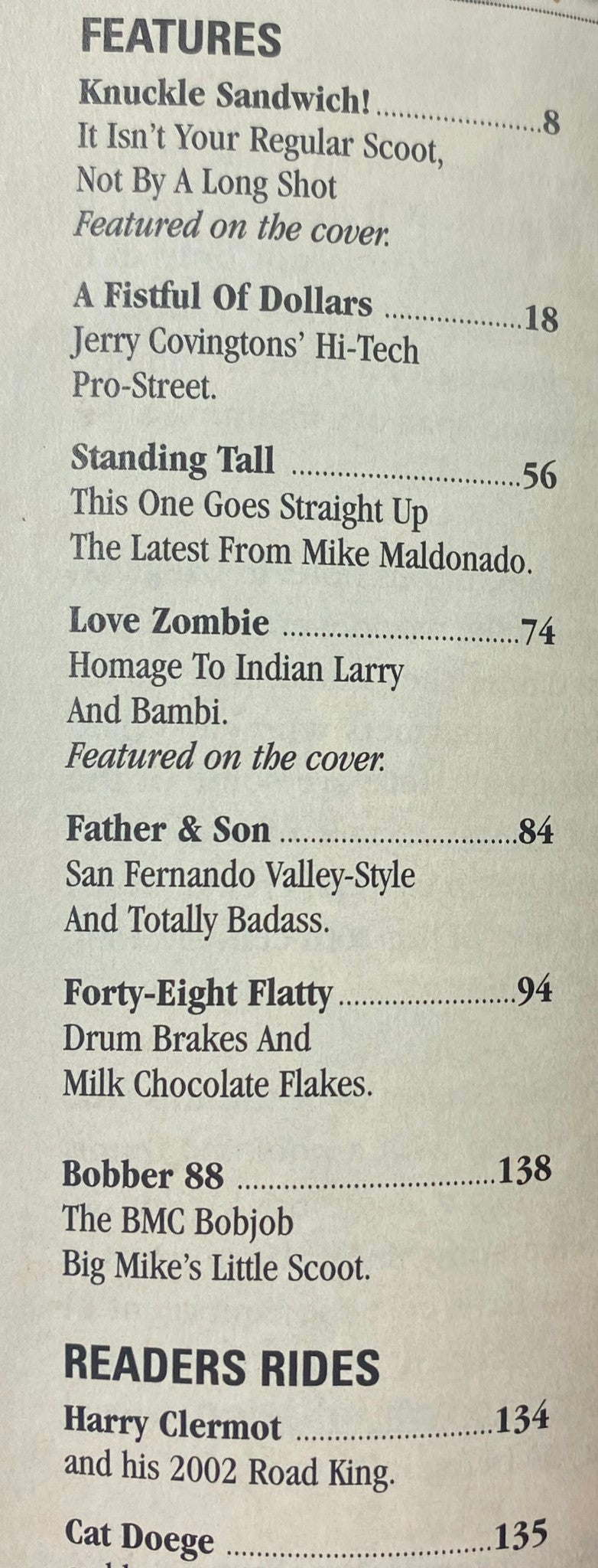 Inside features page of Easyriders Magazine August 2007 #410, listing articles including 'Knuckle Sandwich', 'Love Zombie', and more, highlighting motorcycle culture and customization.