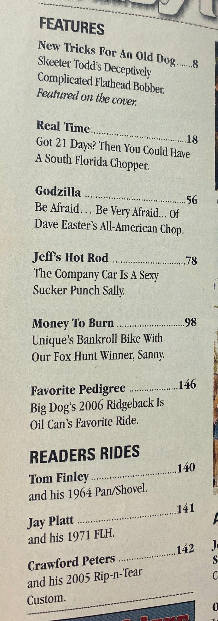 Easyriders Magazine July 2006 #397 featuring article highlights including 'New Tricks For An Old Dog' about Skeeter Todd's Flathead Bobber and various motorcycle culture articles.