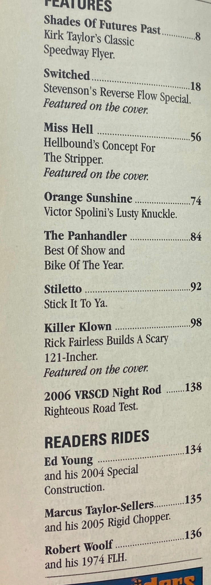 Easyriders Magazine November 2006 interior page featuring article titles including Shades of Futures Past and Killer Klown.