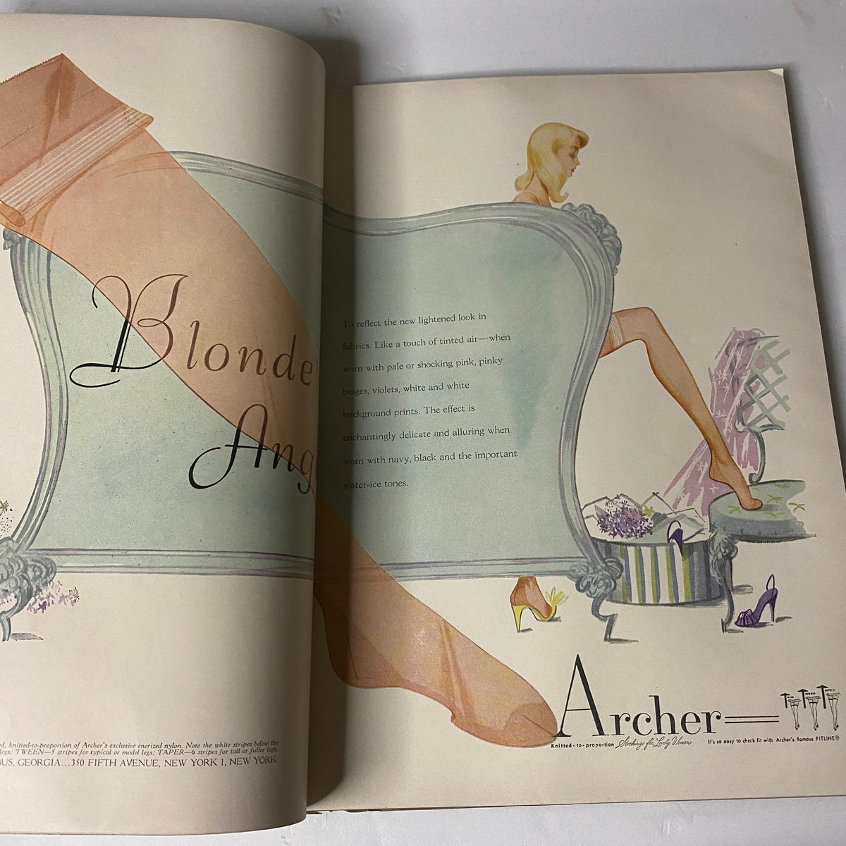 Artistic advertisement from Vogue Magazine March 15, 1954 promoting Archer hosiery, illustrated with a glamorous model, conveying the elegance and style of 1950s fashion.