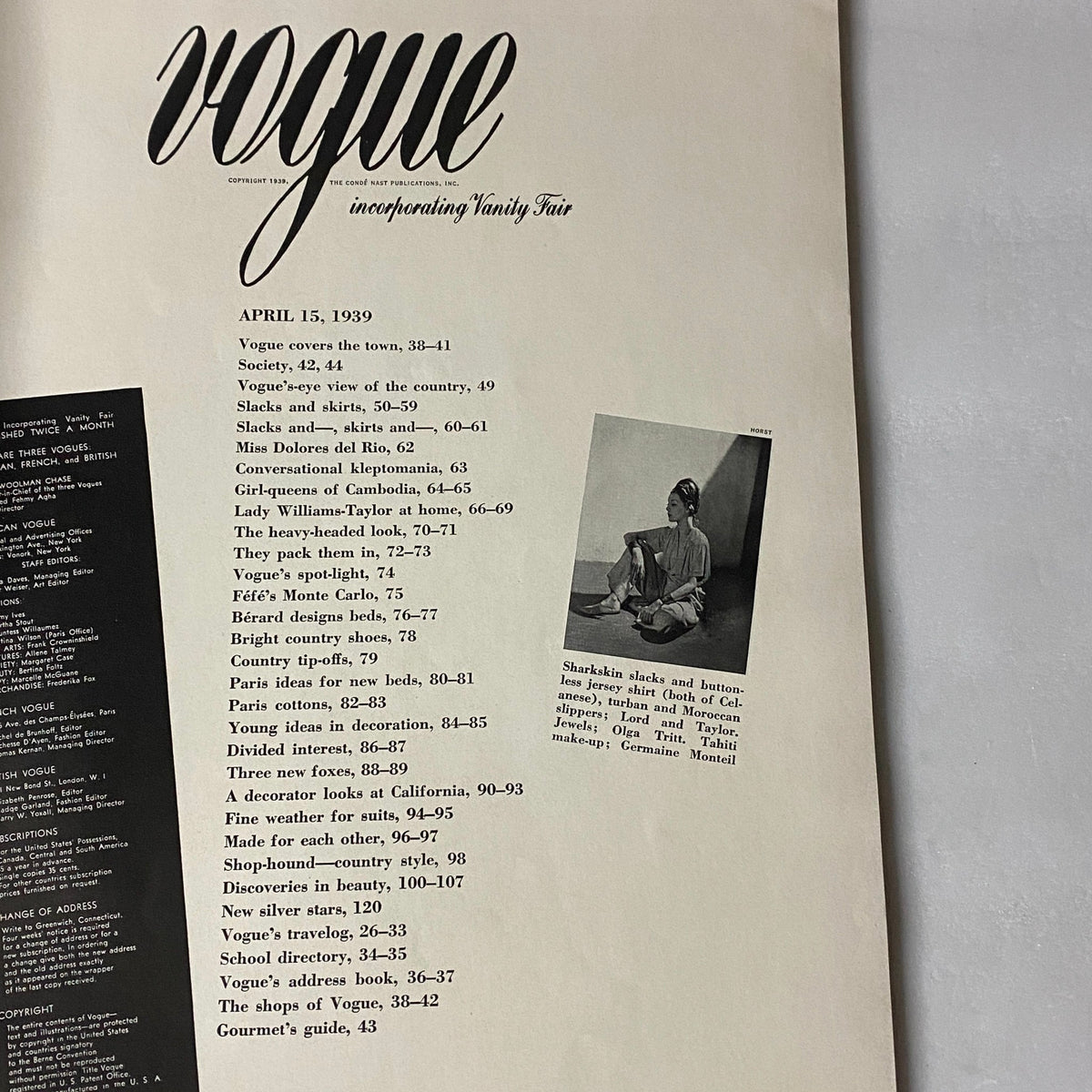 Table of contents page from Vogue Magazine April 15, 1939, offering insights into the features and articles on fashion, society, and lifestyle.