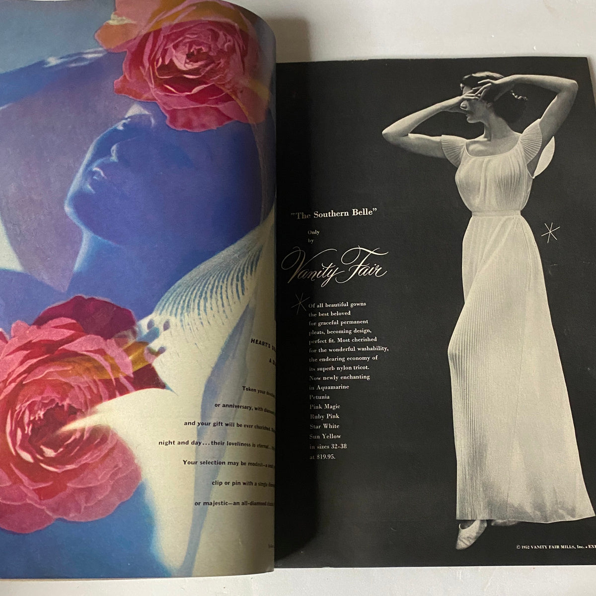 Fashion editorial page titled 'The Southern Belle' from Vogue Magazine May 1, 1952 with floral visuals.