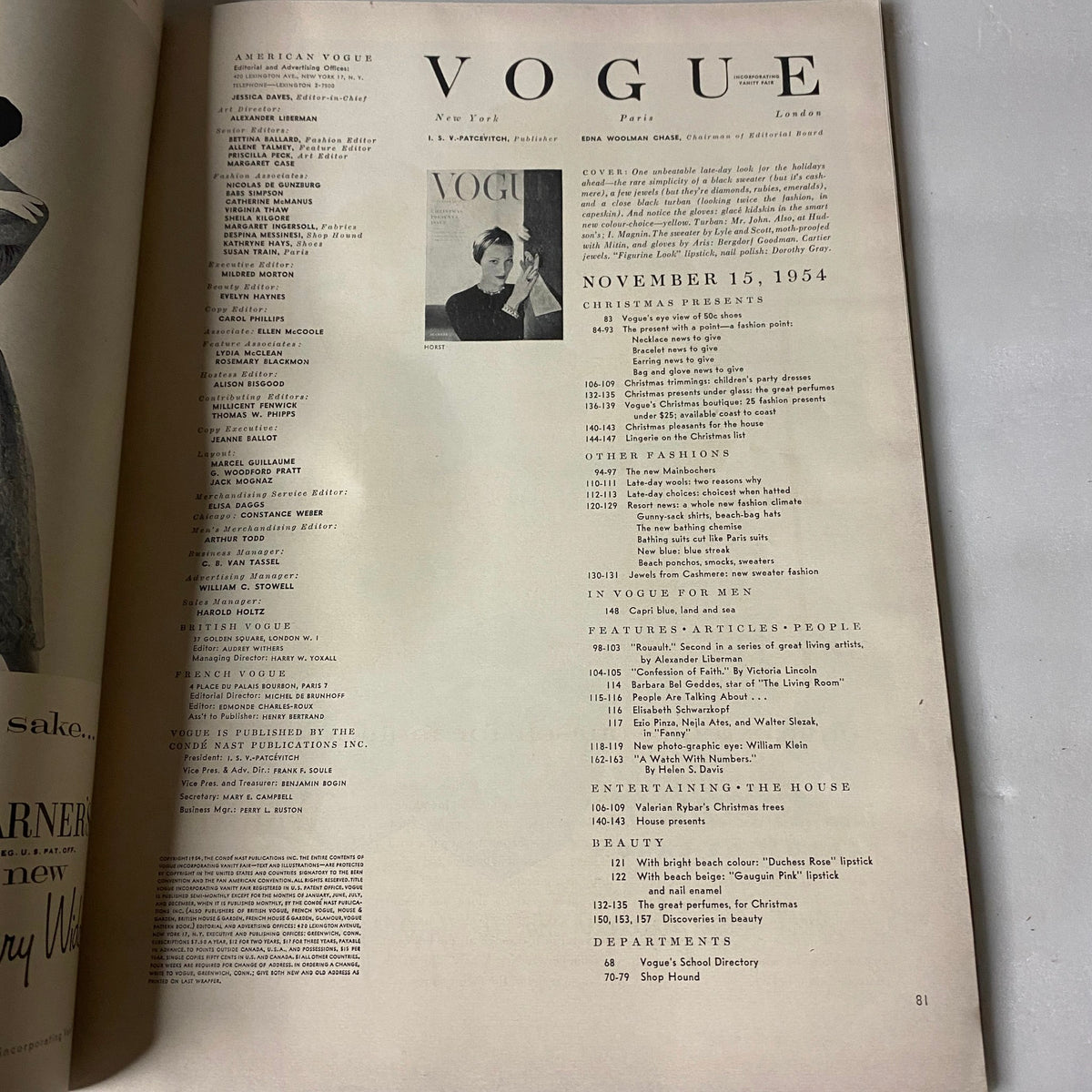 Interior page from Vogue Magazine, November 15, 1954, displaying the table of contents. This page outlines various features and articles, emphasizing the Christmas Presents issue.