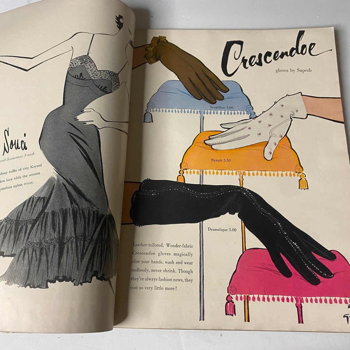 Illustration from Vogue Magazine, November 15, 1954, highlighting fashion accessories such as gloves from Crescendo. The artwork captures the elegance of mid-century fashion.