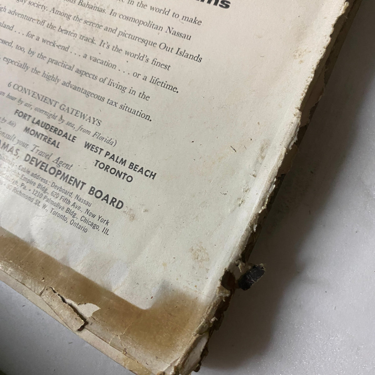 The underside of a vintage Vogue Magazine November 15, 1954 revealing wear and tear, featuring marks and creases indicative of previous storage and use. A testament to its history as a collectible item.