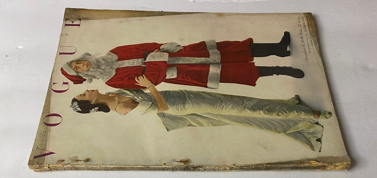 Alternate view of the December 15, 1946 Vogue Magazine cover, prominently displaying the festive fashion of the era with a model in a glamorous gown and a Santa Claus figure.