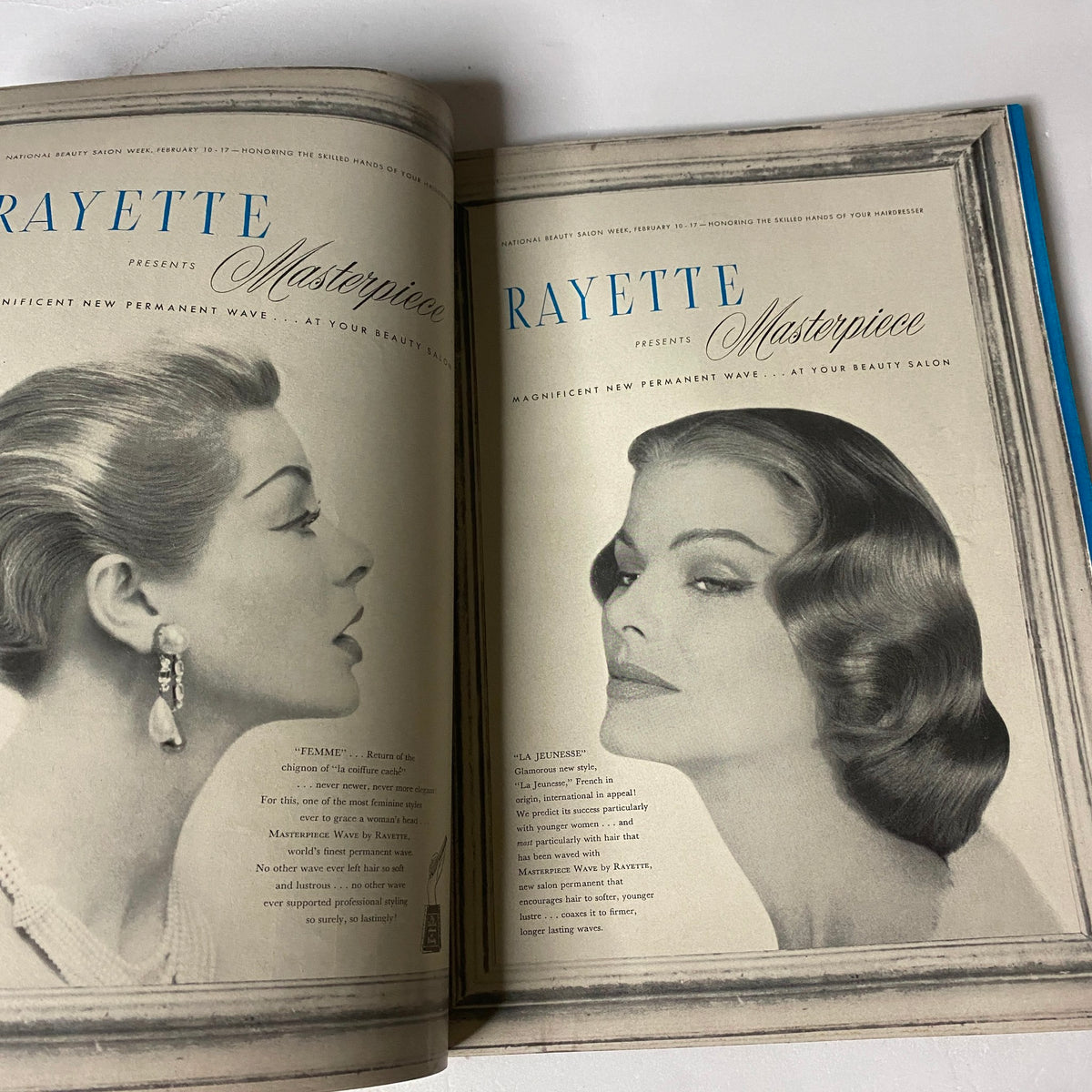 Vogue Magazine February 1, 1957 presenting an advertisement for Rayette hair products, showcasing glamorous hairstyles of the era.