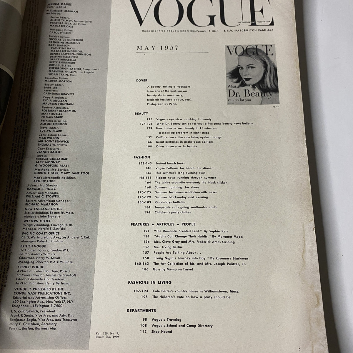 Inside page of Vogue Magazine May 1957 displaying the table of contents, highlighting features on beauty, fashion, and articles relevant to the era, including sections introduced by major contributors.