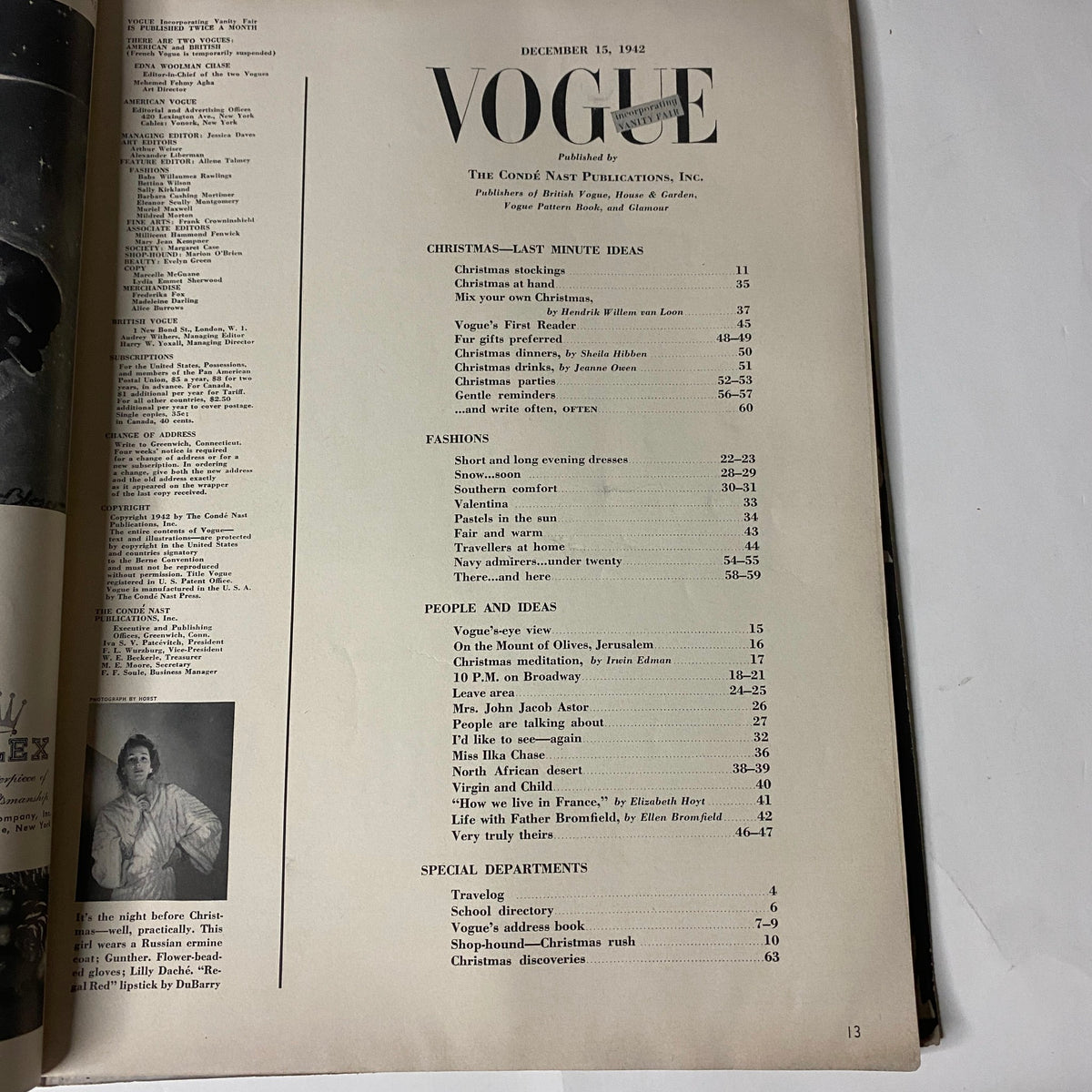 Table of contents page from Vogue Magazine, December 15, 1942, featuring Christmas last-minute ideas and fashion styles.