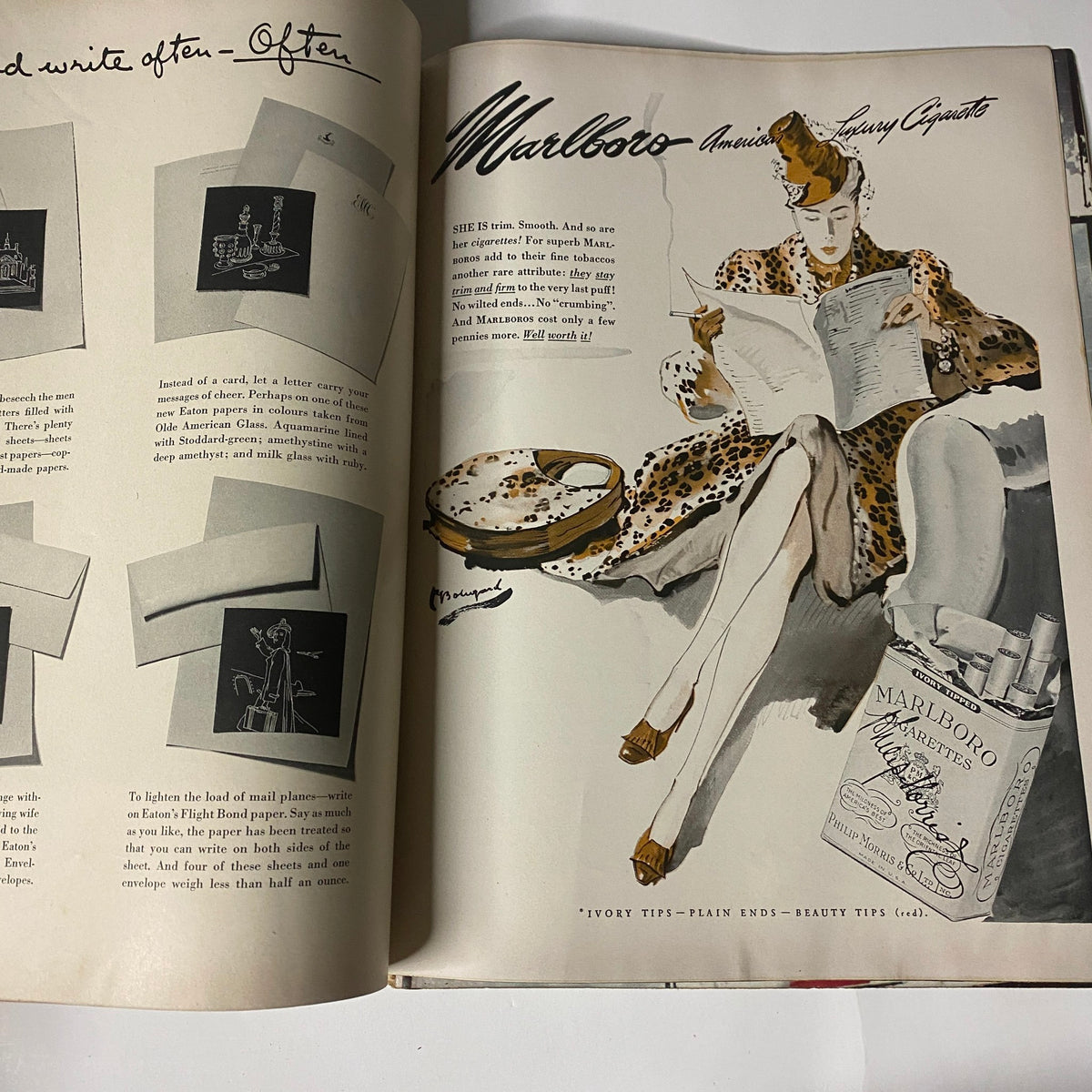 Illustration in Vogue Magazine, December 15, 1942, featuring a woman in a leopard print coat reading, promoting Marlboro cigarettes.