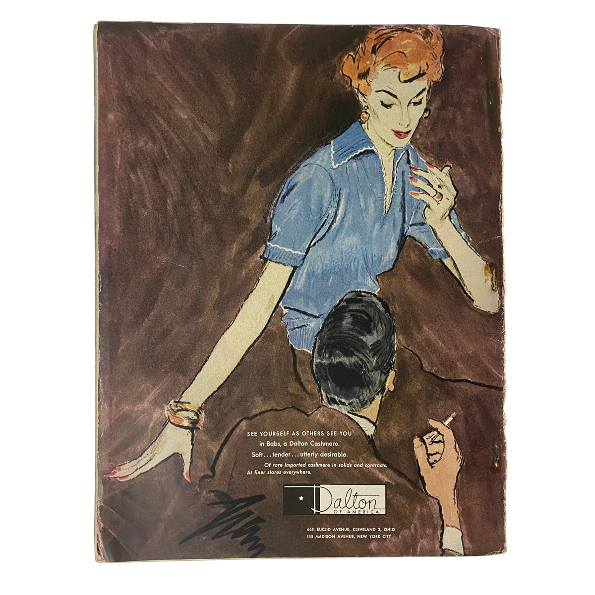 Back cover of Vogue Magazine, December 15, 1942, with an illustration of a woman and a man. This issue, titled 'New Light On Old Questions,' represents the elegance of wartime fashion and cultural reflections.