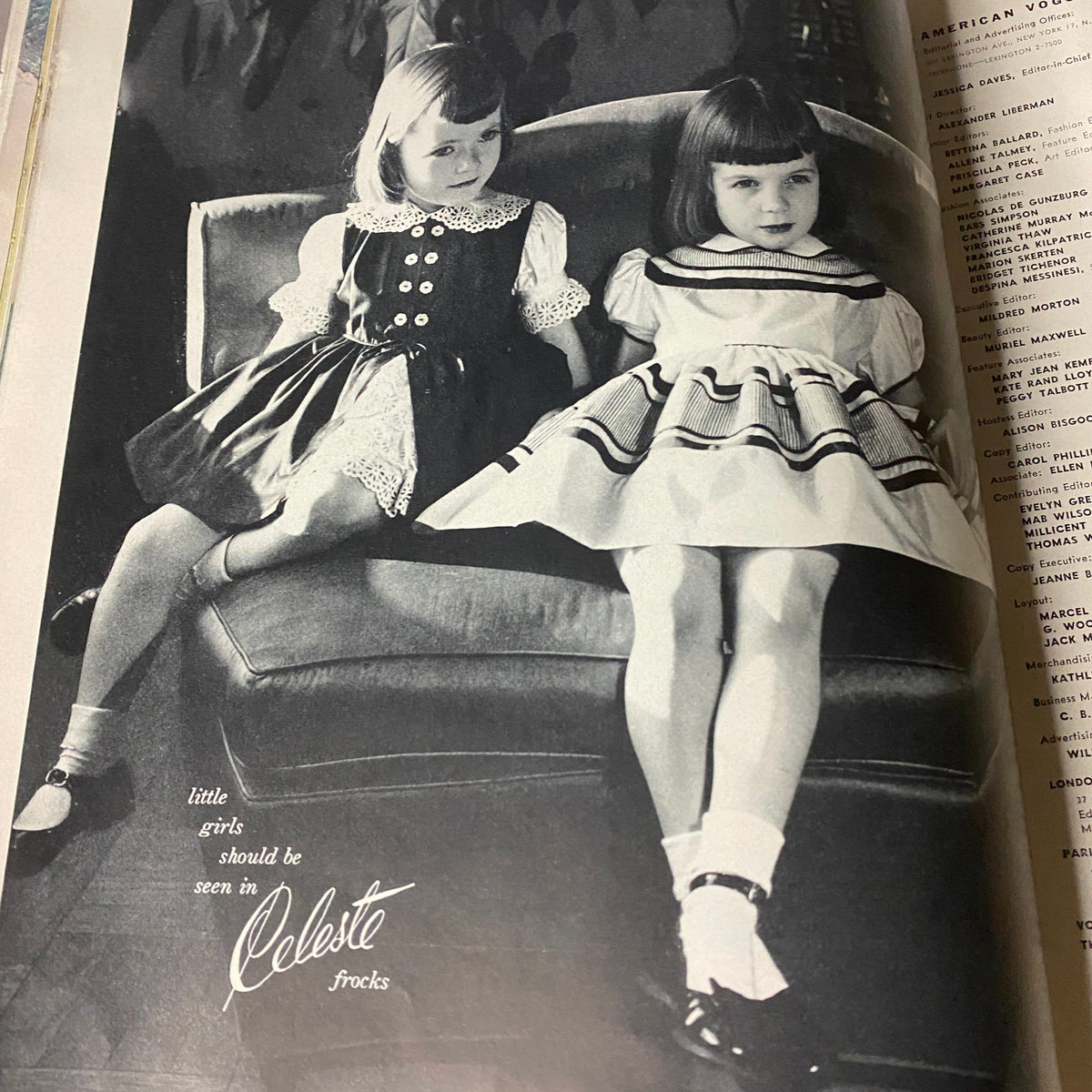 Vintage advertisement from Vogue Magazine February 15, 1952 featuring two young girls in stylish dresses, promoting Celeste frocks. This image reflects the fashion trends of the time.