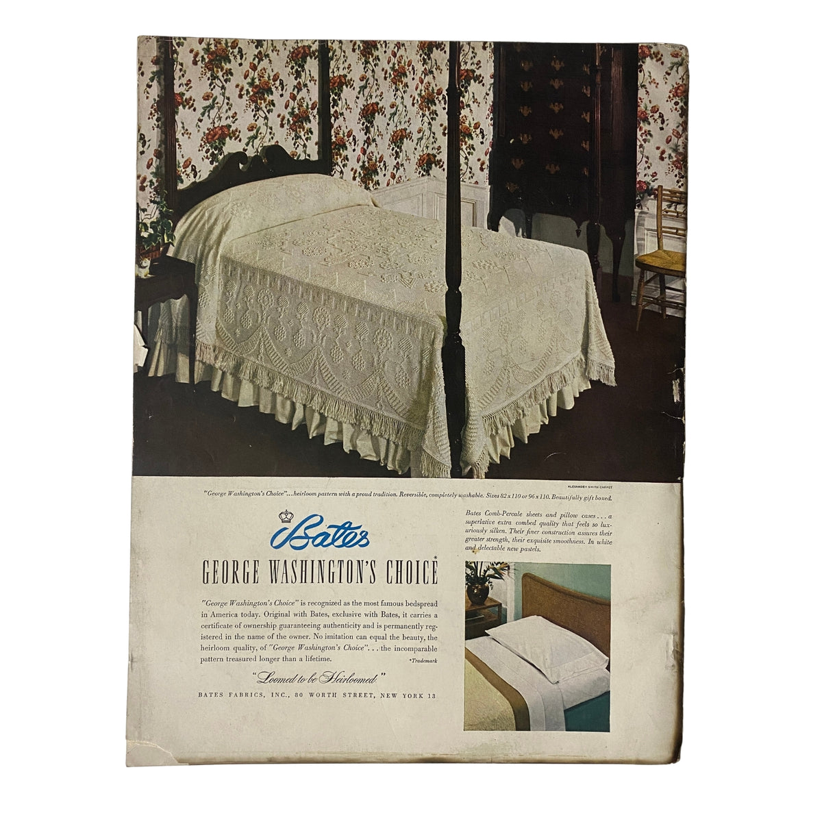 Vogue Magazine February 15, 1952 featuring Janet Randy, a vintage advertisement for Sato's featuring intricate lace bedding in a beautifully decorated room.